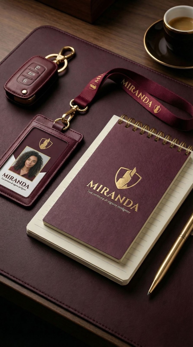Materiais Miranda — caderno, crachá, chave